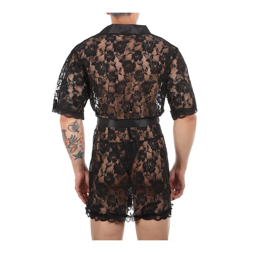 Sexy Schwarzer Netzanzug mit Ausgehöhlter Strickjacke und Atmungsaktiver Retroshorts für Männer