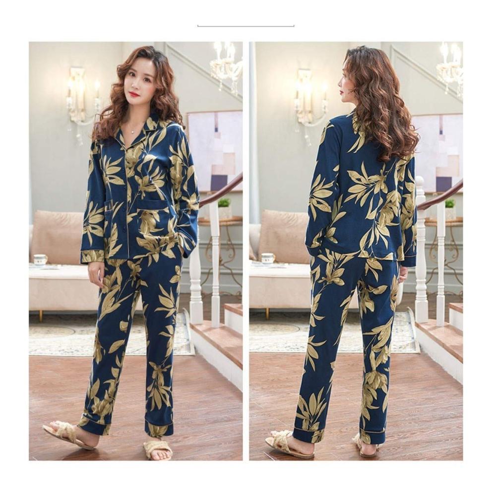 Damen Baumwoll-Pyjama Set Loungewear mit Knopfkragen geometrischem Druck für warme Nächte im Frühling und Herbst