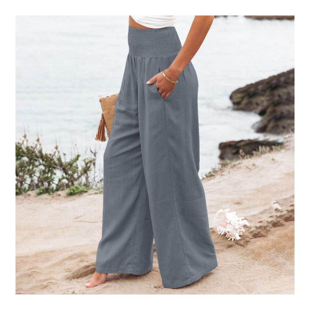 Damen Baumwoll-Leinenhose mit hoher Taille und Taschen - Bequeme Lounge-Hose