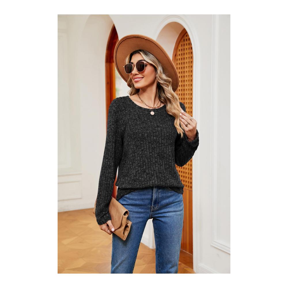Damen Langarm Pullover Herbst Winter - Uni Basic Rundhals Geschwungener Saum Leicht & Stilvoll