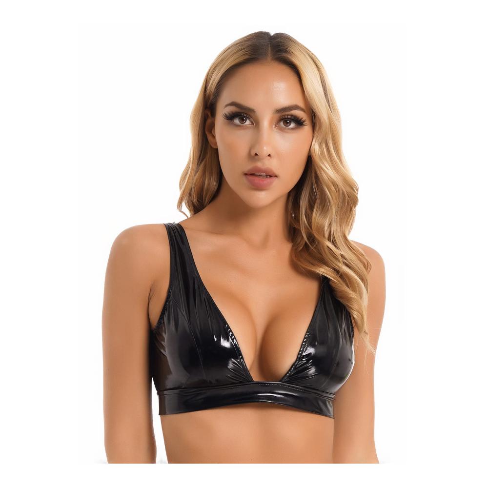Damen Club Outfit Sexy Lack-Leder Top mit V-Ausschnitt und Minirock in Latex-Look