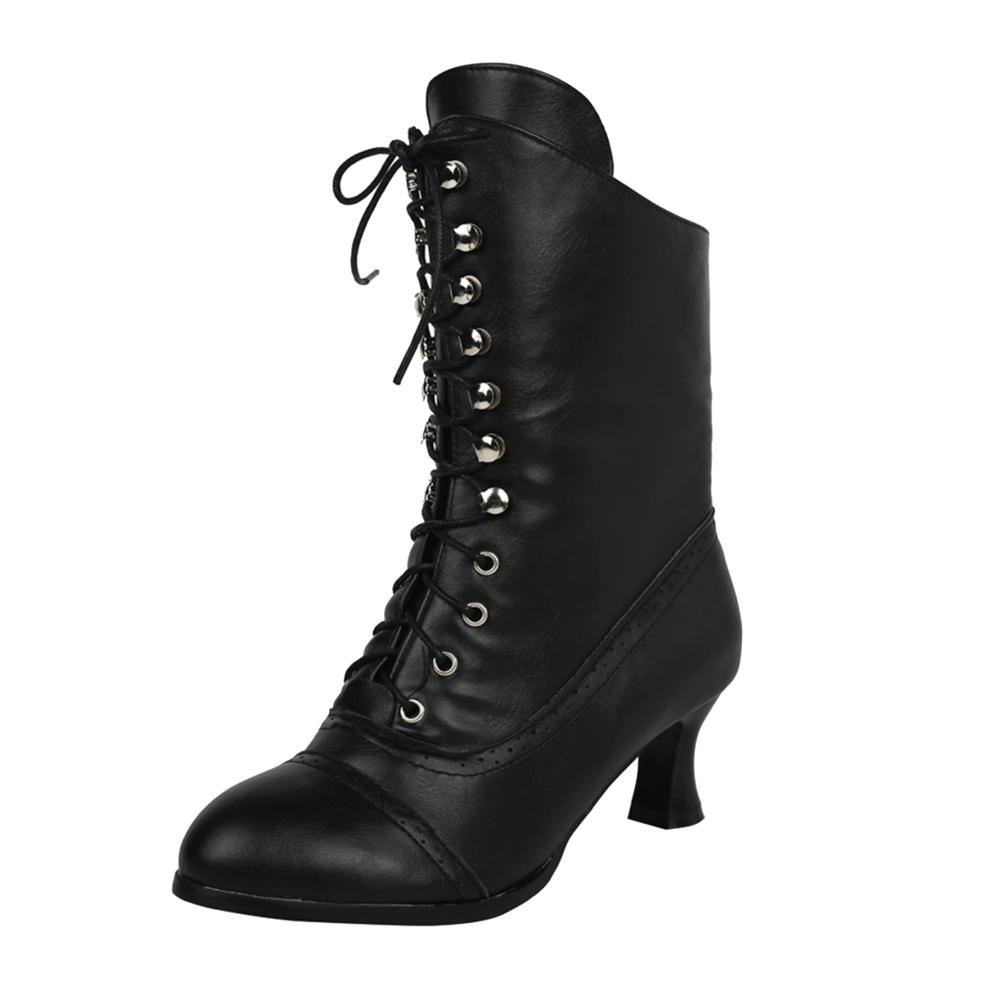 Damen Schnürstiefel in viktorianischem Stil mit Louis-Absatz - Wadenlange Lederstiefel im Vintage-Design für Steampunk Gothic-Liebhaberinnen (Stiefel QWETYU