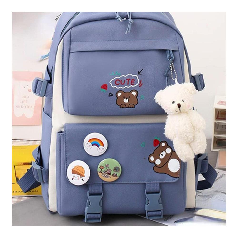 Kawaii Schulrucksack Set – 5-teiliges Ensemble mit Bärenanhänger Canvas Schultaschen ästhetischem Design für Teenager Mädchen – Rucksack Tragetasche Umhängetasche Federmäppchen inklusive