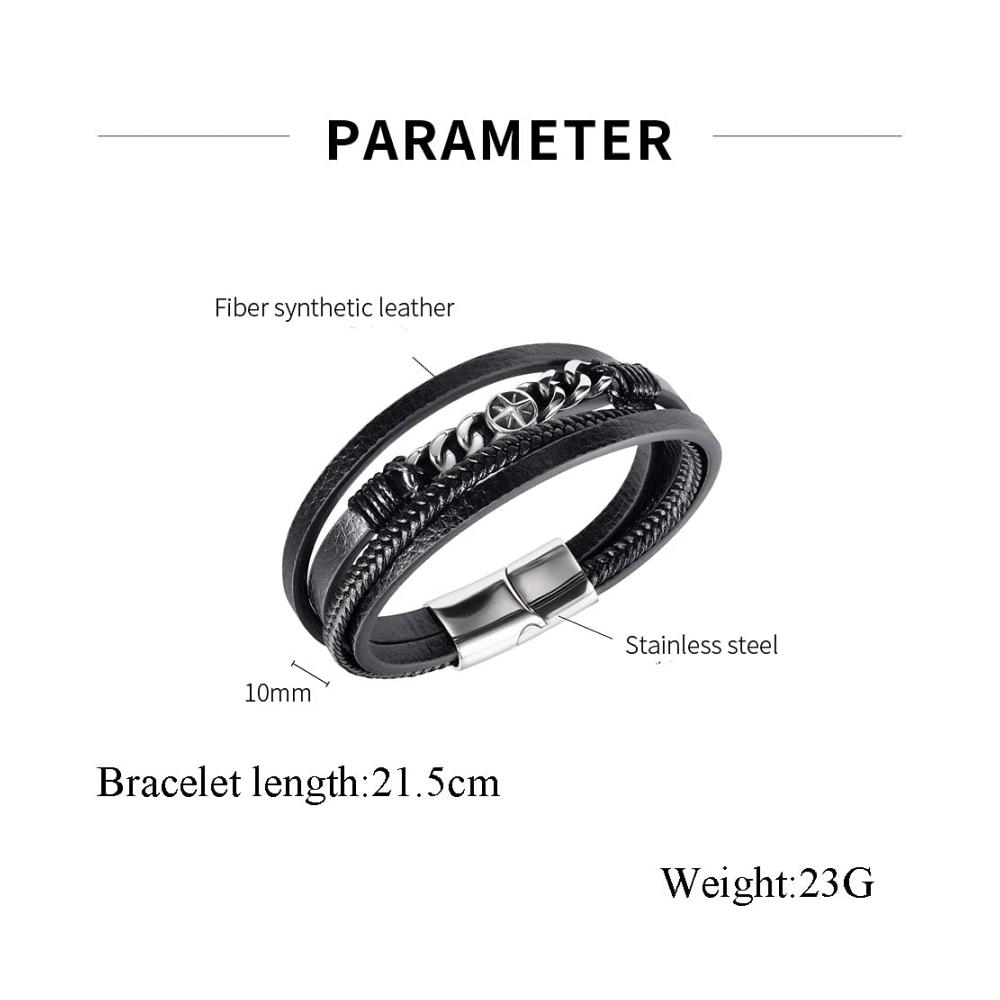Kompass Wickelarmband Geflochtenes Schwarzes Leder mit Edelstahl-Kompass - Breites Armband für Männer mit Magnetverschluss
