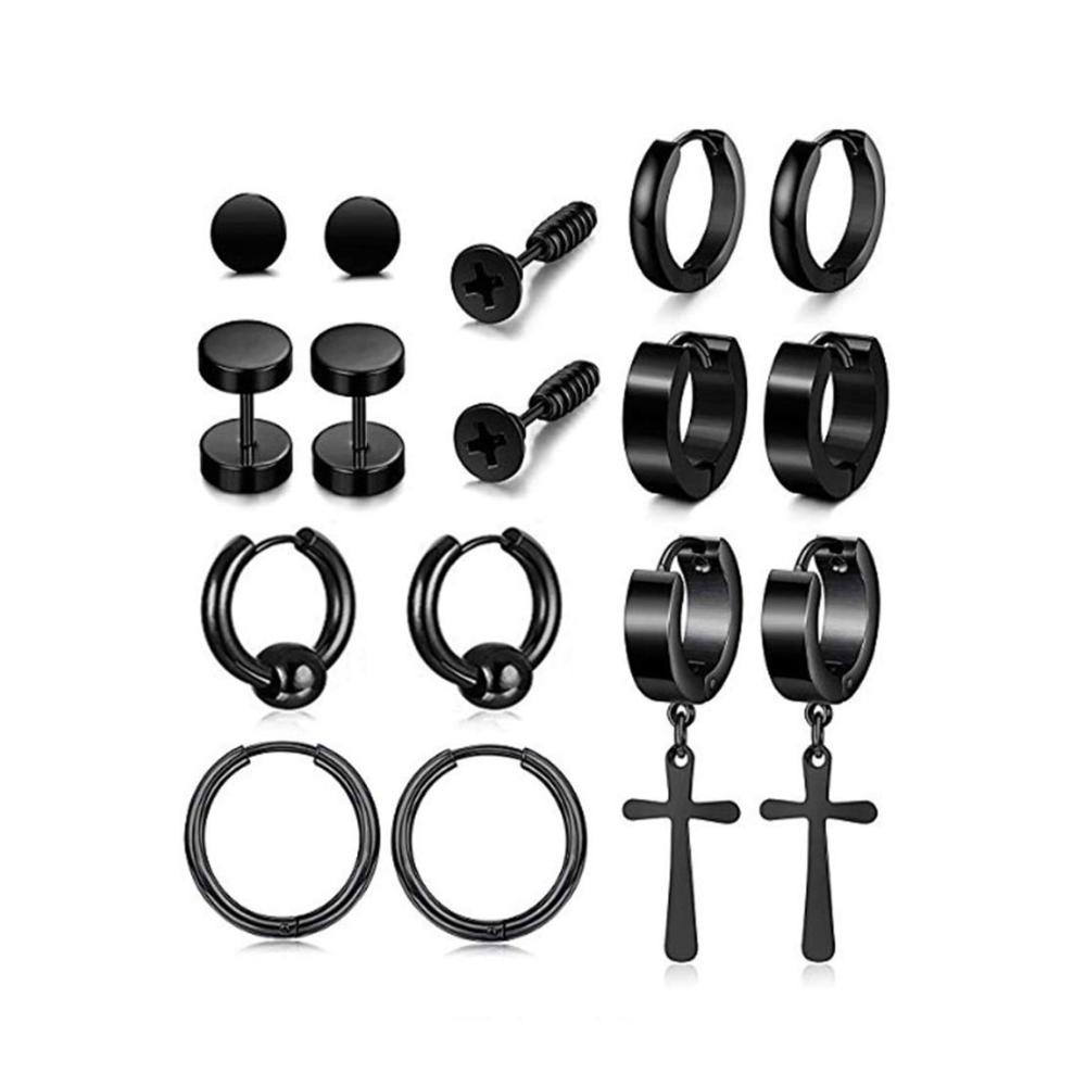 Edelstahl Kreuz Ohrringe Set - 8 Paare Schwarz Herren Ohrstecker Creolen & Hoop Piercing für Männer und Frauen - Hypoallergen Klein und Vielseitig