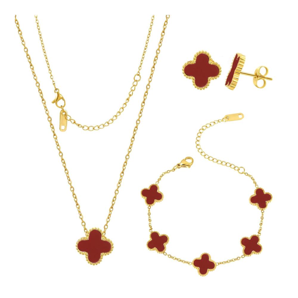 Glücksklee Schmuck-Set für Damen | 18K Vergoldete Kleeblatt Halskette Ohrringe Armband | Vierblättriges Kleeblatt Schmucksets