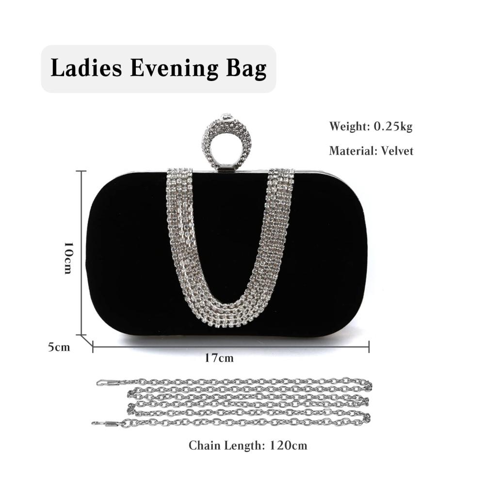 Elegante Damen Abendtasche Samt Clutch mit Glitter Strass und Kette - Schwarz