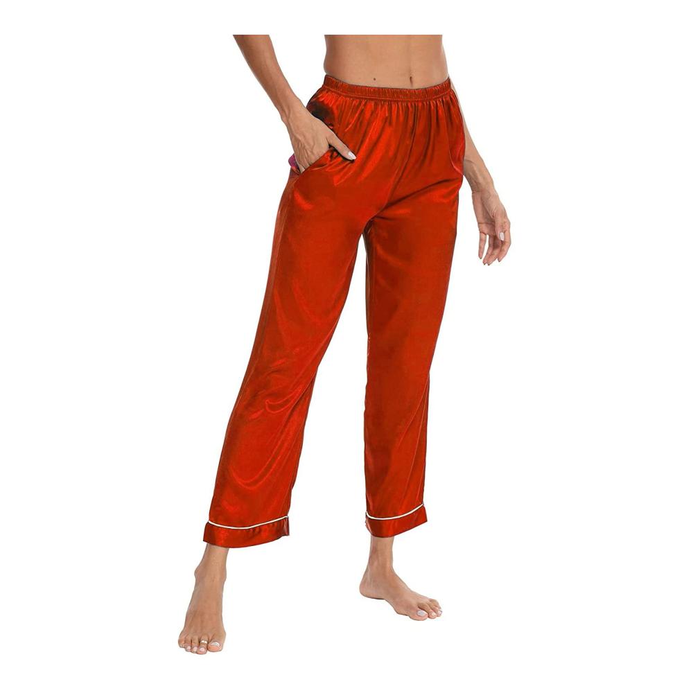 Damen Pyjamahose Lang Sexy Satin-Hose in Rot Schlafanzughose aus Flanell-Baumwolle Comfy Stretch Elastische Taille Loungewear mit Taschen (Größe M