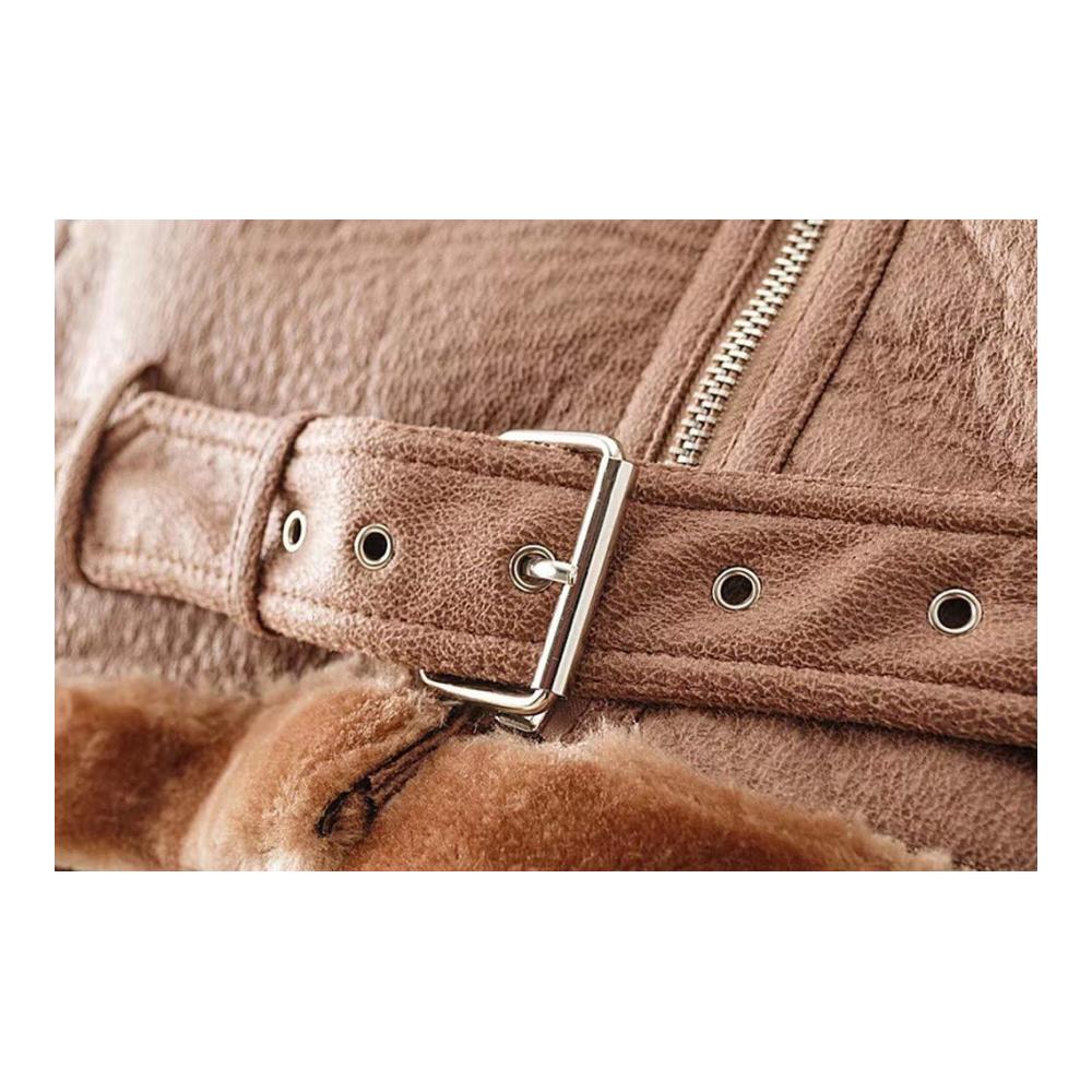 Damen Bikerjacke Wintermantel - Warme Übergangsjacke mit Stehkragen und Gürtel