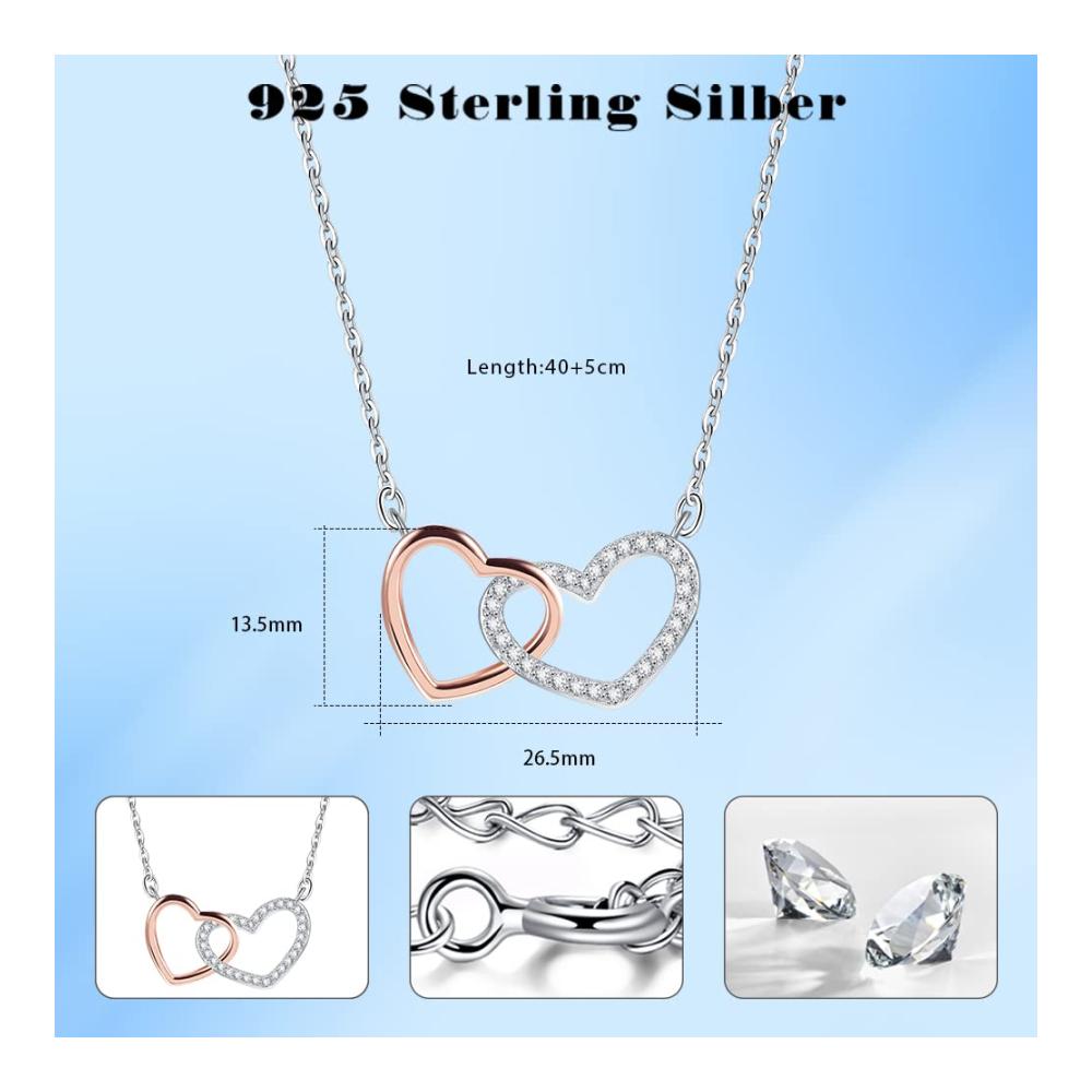 Damen Halskette mit Doppelherz Anhänger - 925er Sterling Silber Schmuck Zirkonia Verzierungen 40-45 cm verstellbare Kettenlänge ideales Muttertagsgeschenk