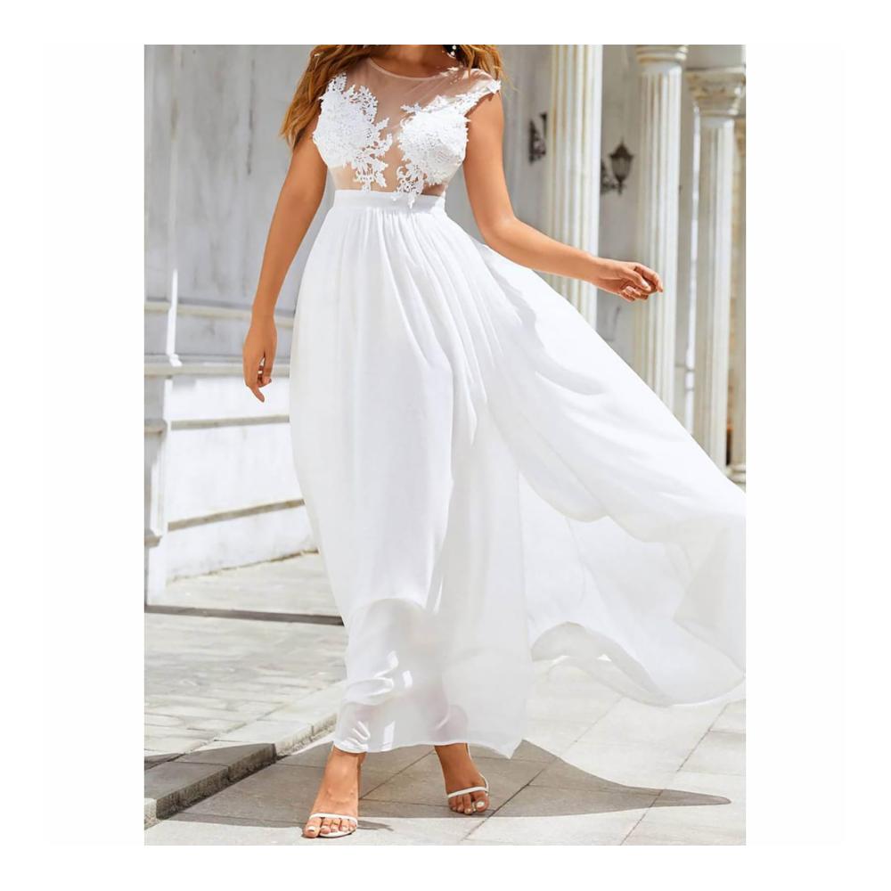 Exquisite Weiße Brautkleider Chiffon-Spitze Schlitz-Design Perfekte Brautjungfernkleider und Abschlussballkleider mit Langer Schleppe für die anspruchsvolle Braut