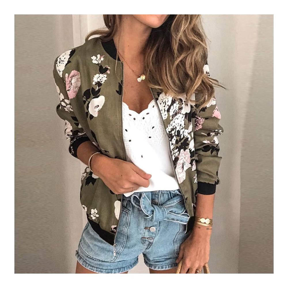 Damen Bomberjacke mit Blumenmuster Langarm Reißverschluss und Stehkragen für Herbst und Frühling