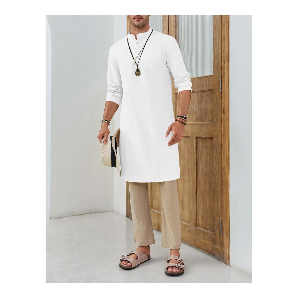 Herren Bademantel von Cicy Bell – Langarm Kaftan Robe mit Knopfleiste V-Ausschnitt Henley-Stil und Seitenschlitz – Casual Kleid Shirt in modernem Design