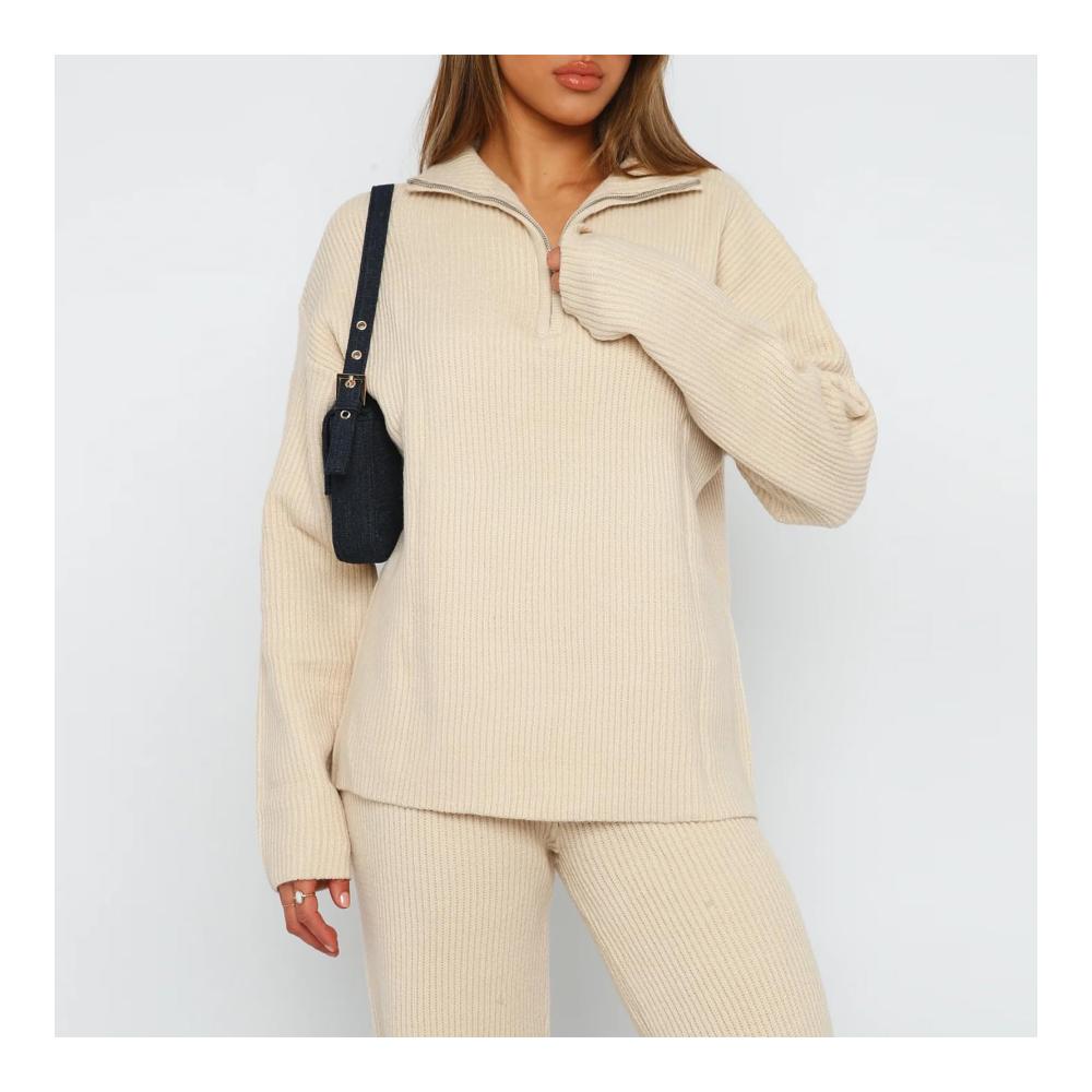 Damen Lounge Set Langarm Strickpullover & High Waist Freizeithose - Zweiteiliger Strickanzug für gemütliche Loungewear und Jogging