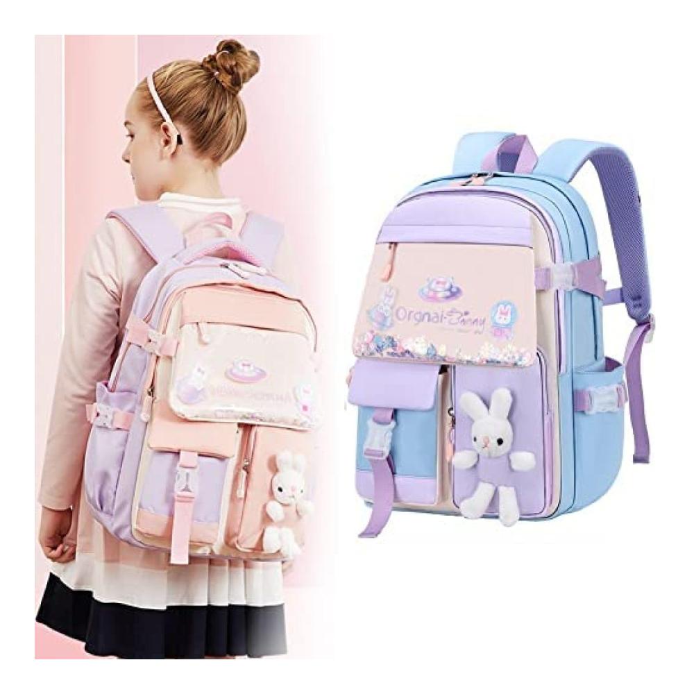 Bad Bunny Schulrucksack für Mädchen | Große Kapazität Wasserdichter Hasen-Rucksack für Klassen 1–6 Blau S
