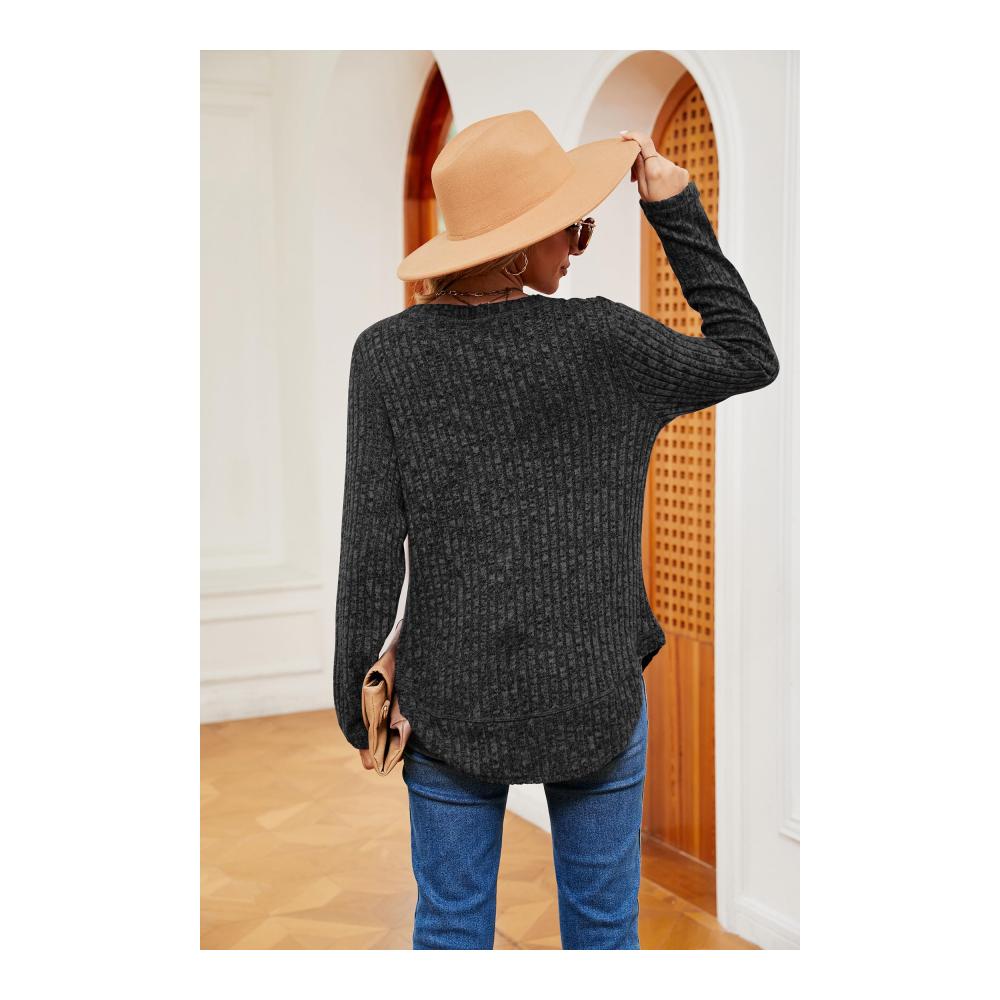 Damen Langarm Pullover Herbst Winter - Uni Basic Rundhals Geschwungener Saum Leicht & Stilvoll