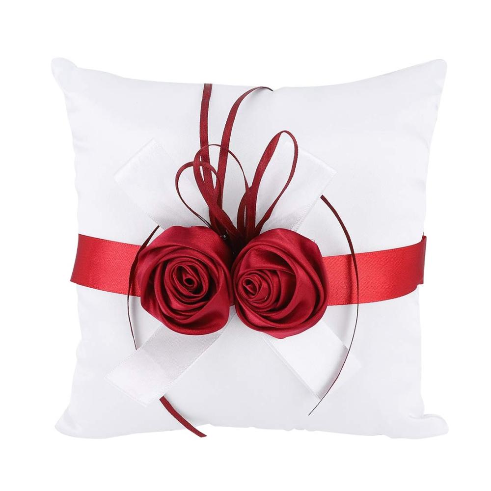 Hochzeits-Ringkissen in Weiß mit Rosen-Blumen-Band-Deko - Romantische Hochzeitsrequisiten