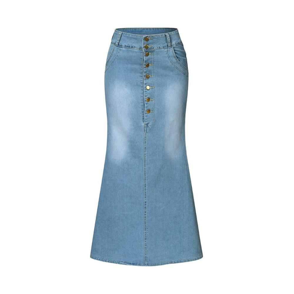 Schwarzer A-Linien-Jeans-Skort für Damen – Modischer Casual-Rock mit Knopfleiste lang geschnitten gewaschen Prinzessinnen-Stil