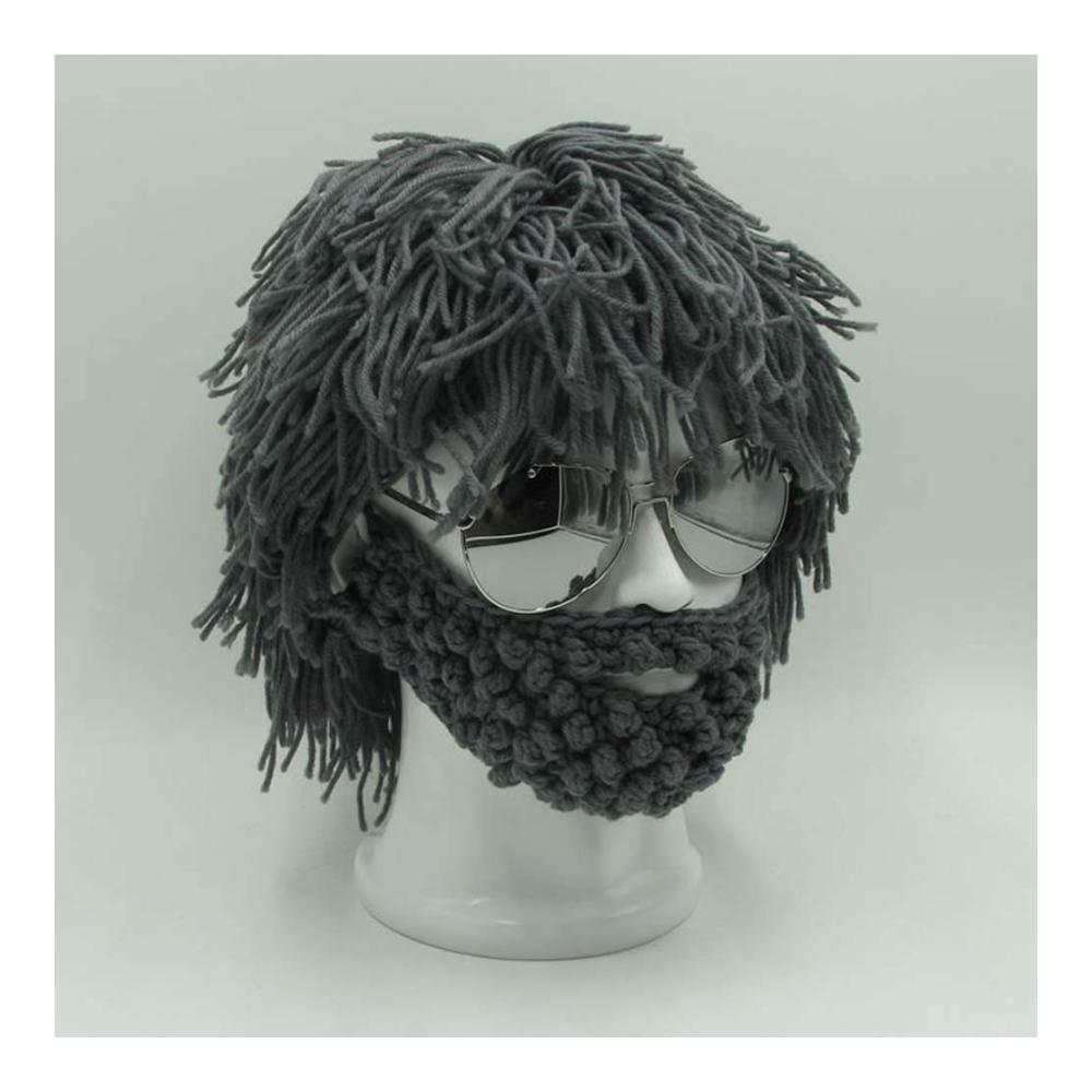 Handgemachte Barbarian Beanie Cap für Kinder und Erwachsene – Wikinger-Strickmütze mit Bartdetails lustige Skull Cap in Grau Große Größe