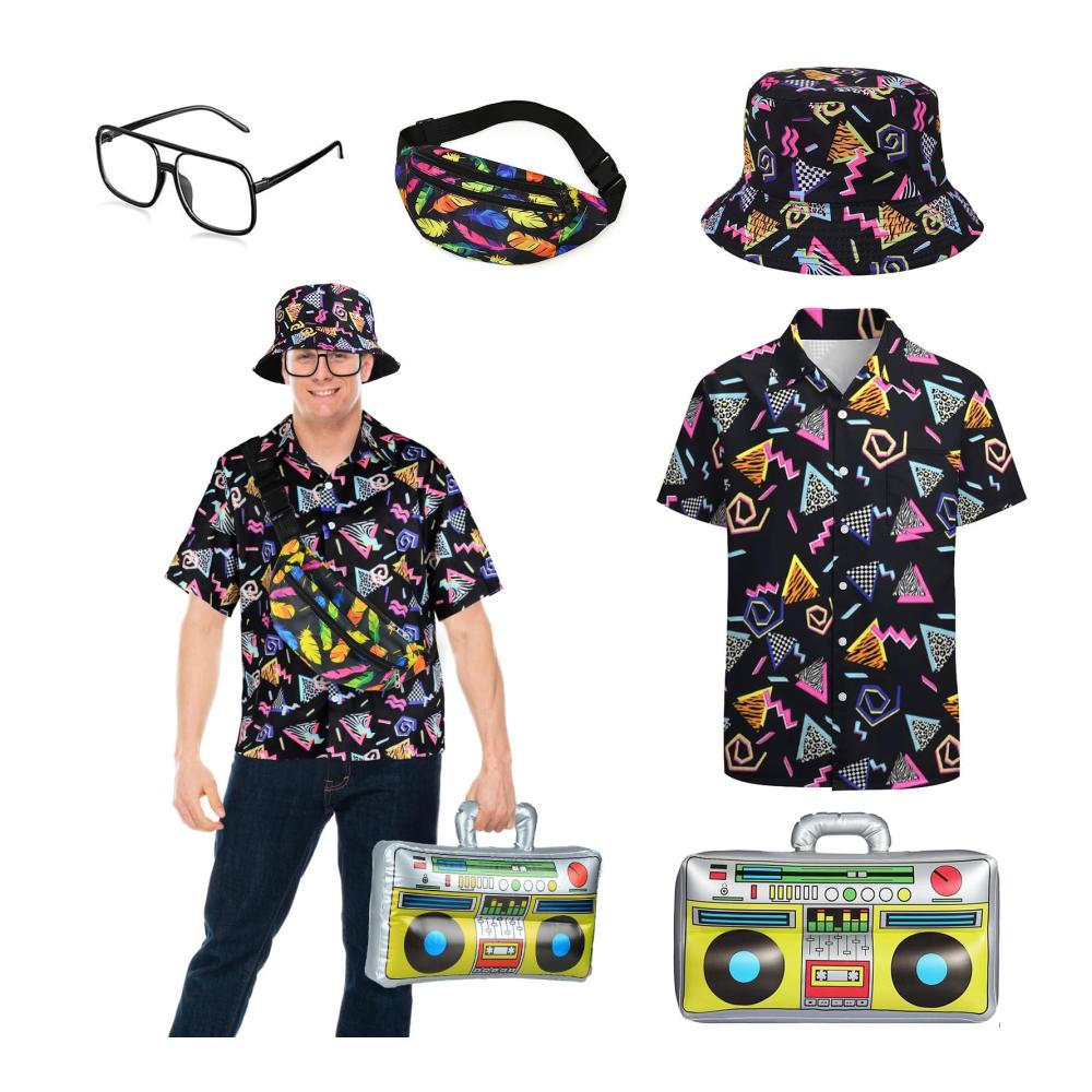 80er Jahre Trainingsanzug Set mit Rapper Accessoires für Herren - Hip Hop Kostüm mit Eimer Hut Gläsern und Bauchtasche - 90er Jahre Party Outfit für Erwachsene