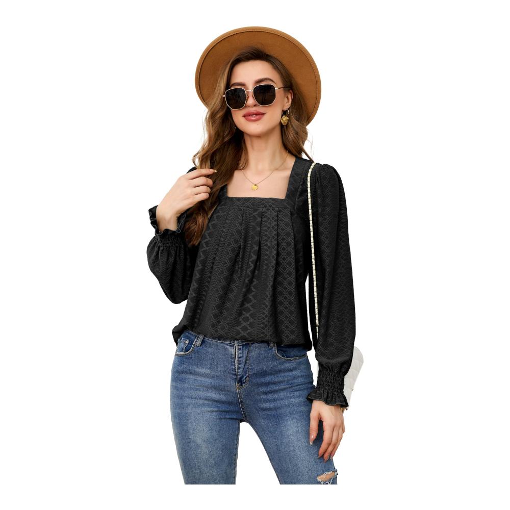 Langarmshirt Damen Modisches U-Kragen Basic Oberteil für Herbst/Winter mit Puffärmeln & Laternenärmeln