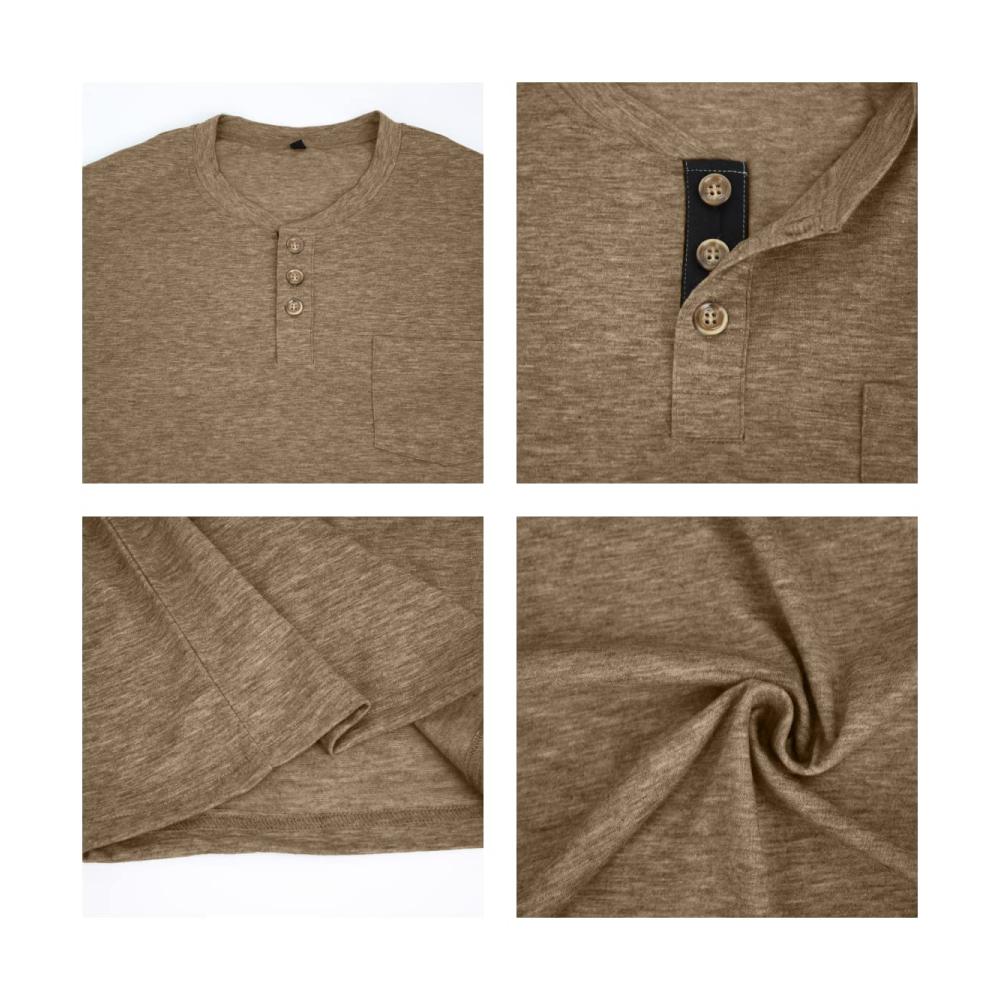 Herren Henley Langarmshirt mit Brusttasche - SwissWell Langarm Casual Shirt in Braun - Baumwolle mit Knopfleiste - Frühling M