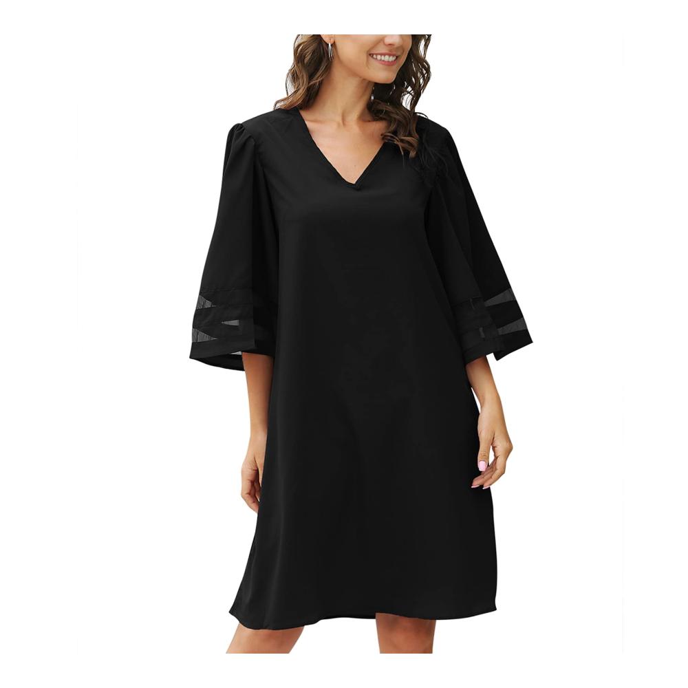 Freizeit Damen Kleid Elegantes Gaze-Kleid mit V-Ausschnitt und Dreiviertelärmeln
