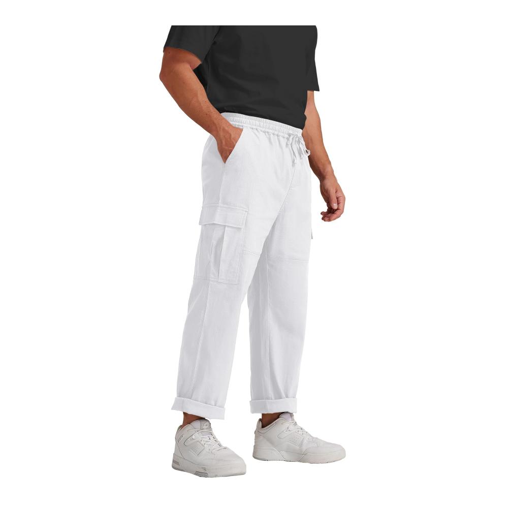 Herren Leinen Cargo Hose - Bequeme Relaxed Fit Pants mit Stretch Kordelzug und Wild Cargo Design