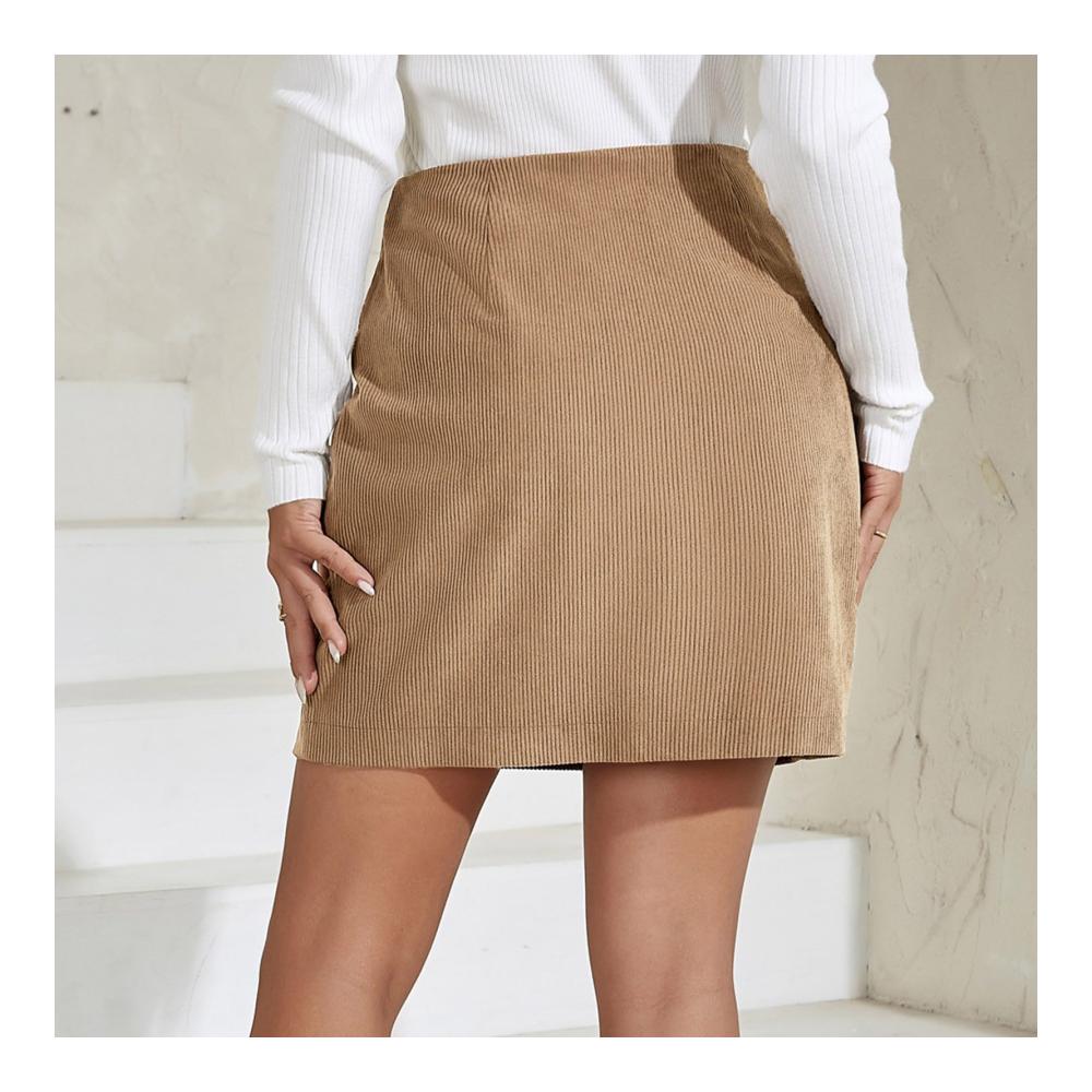 Damen Abendkleider Hoher Taille A-Linie Cordröcke für Herbst/Winter mit Knopfleiste Taschen und kurzer Minirock