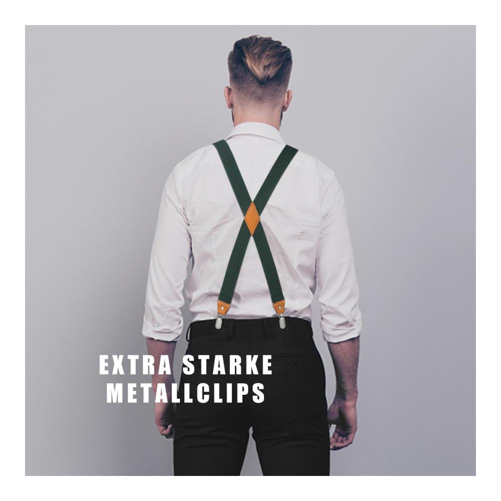Hosenträger für Herren X-Form Elastisch Verstellbar mit 4 Starken Metallclips und passender Fliege im Einsteckuch Set