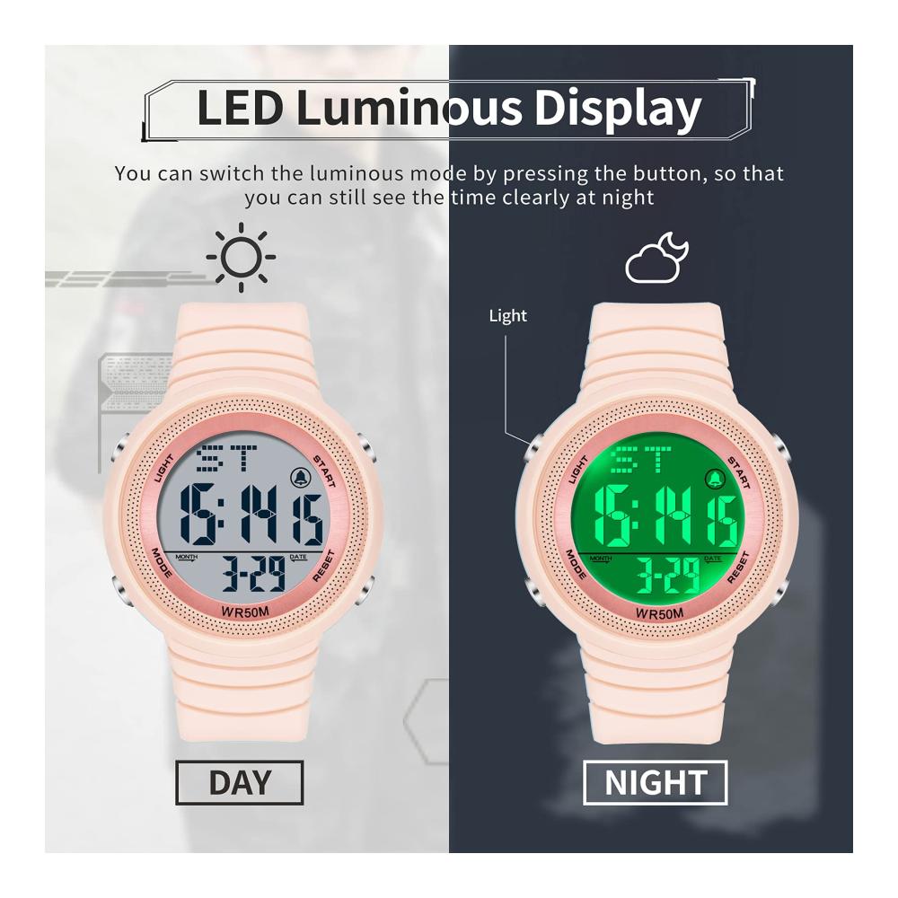 Findtime Sport Digitaluhr – Wasserdichte 50M Armbanduhr mit LED Duale Zeitzone Stoppuhr Countdown Kalender – Damen/Herren Militär Uhr mit Candy-Farben & Wecker