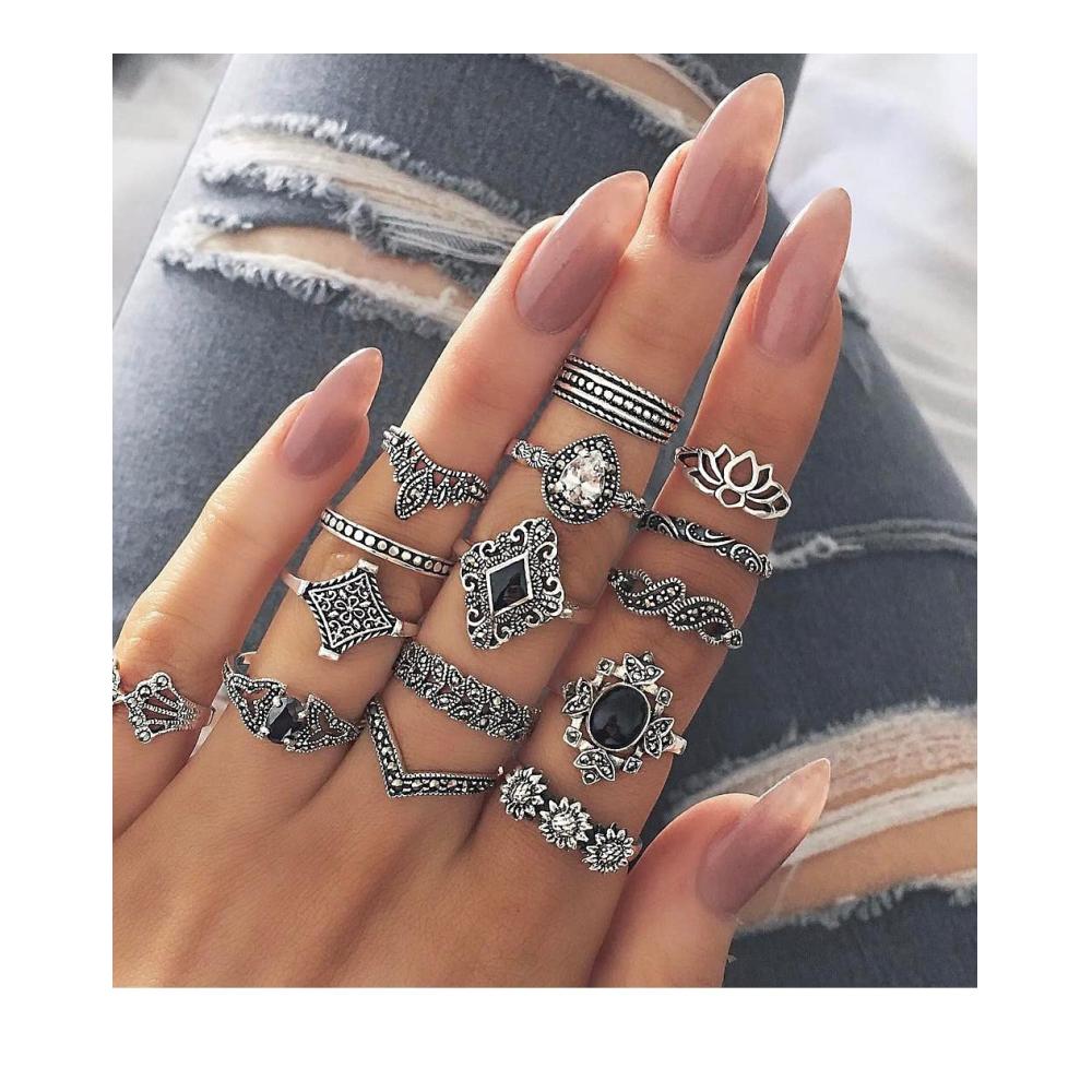 101-teiliges Set Silberne Vintage-Knuckle-Ringe für Frauen - Boho Midi & Stapelbare Finger-Ringe inkl. Daumenringe - Modischer Schmuck