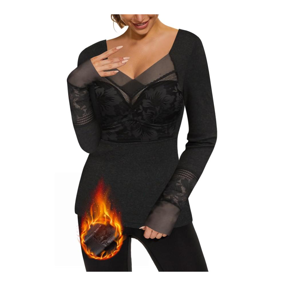 Damen Thermo Fleece Langarmshirt mit eingebautem BH - Extra warme Skiunterwäsche mit Mock-Ausschnitt