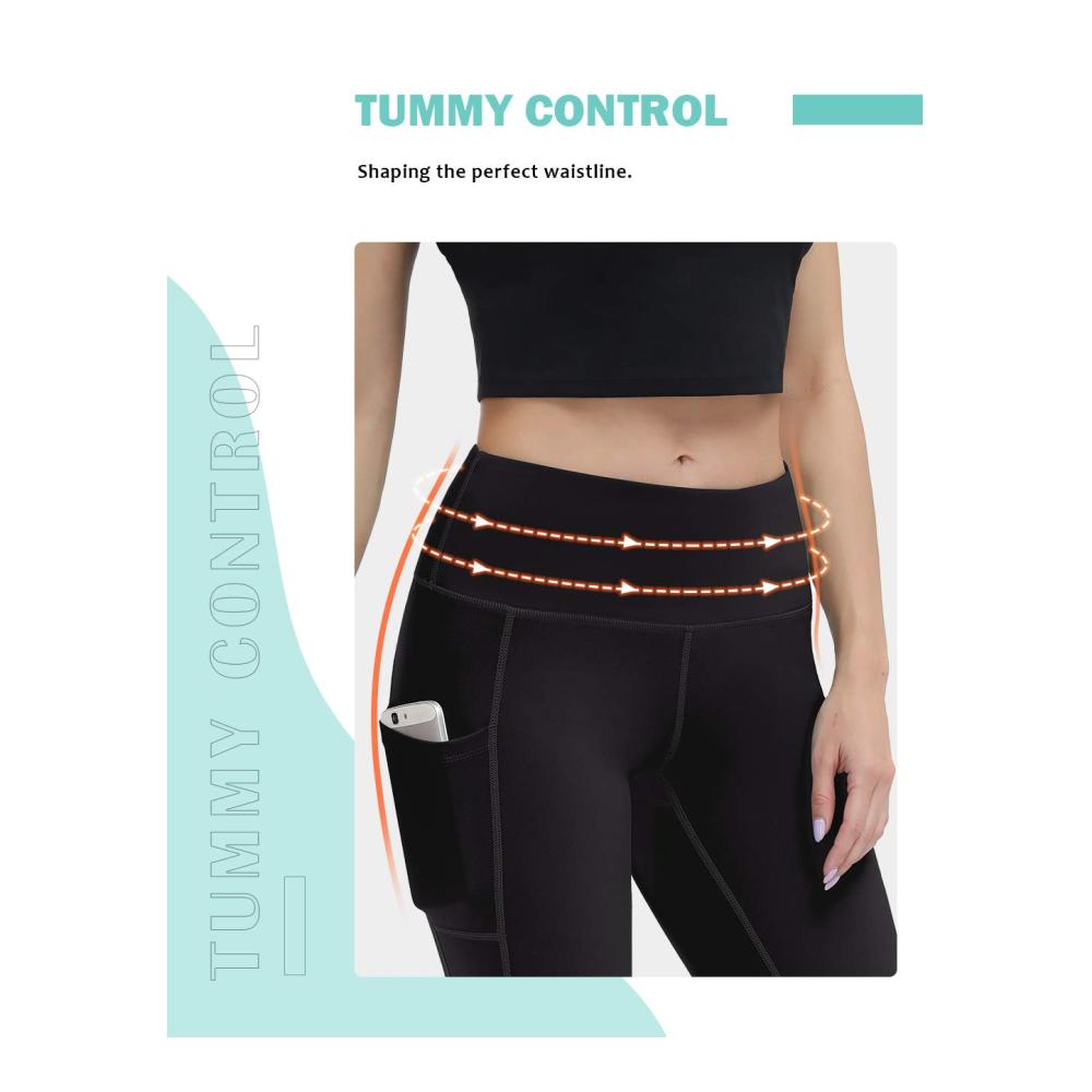 Damen Capri Leggings mit Handytasche Blickdichte High Waist Sporthose