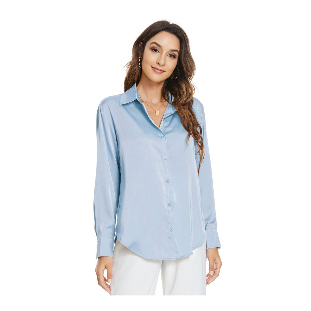 Damen Bluse Langarm Satin Seide Hemden mit Knöpfen Basic Kent Kragen für Arbeit Büro Formelle und Casual Anlässe