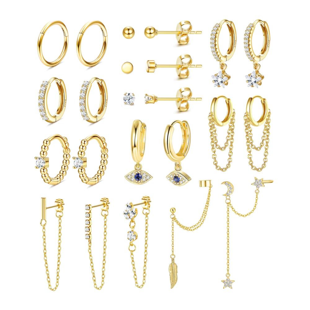 11 Paar Edelstahl Damenohrringe Set - Creolen Evil Eye Anhänger Stern CZ Bar Kugel Kettenohrring Mini Creolen Baumelnde Reif-Ohrringe