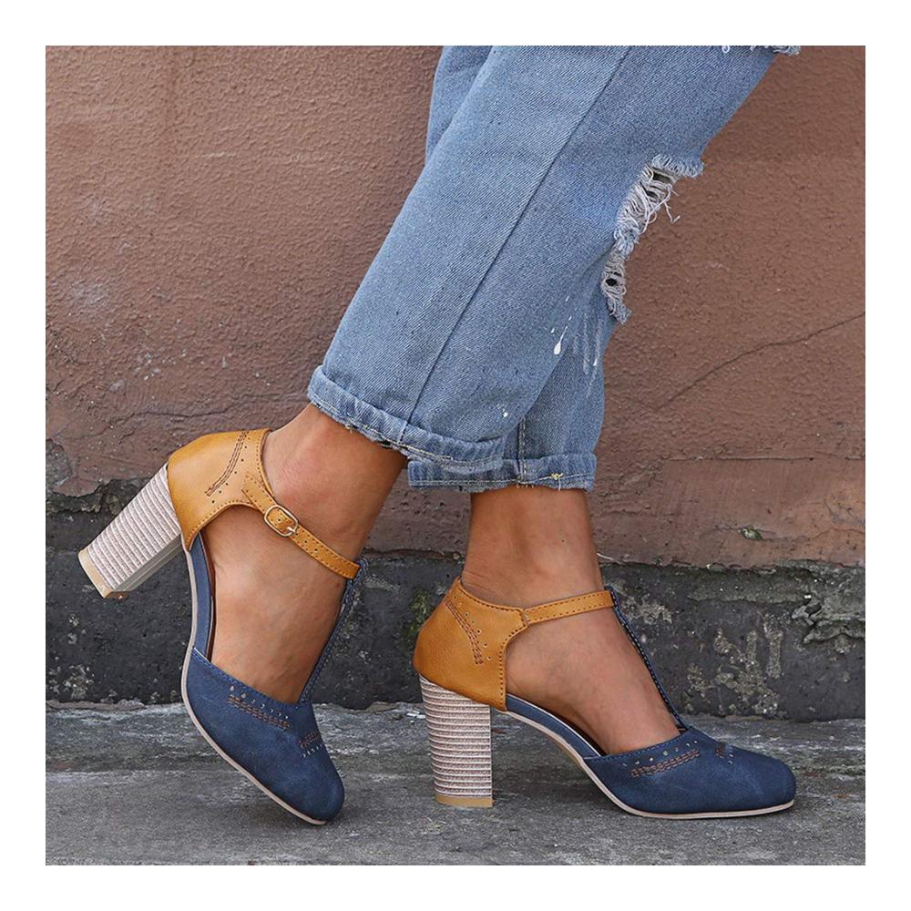ACMEDE Damen Sandalen - T-Strap Pumps mit Riemchen Blockabsatz und geschlossener Spitze - Spangenpumps in Wildleder mit breitem Absatz - Elegante Damenschuhe für Frühling und Sommer