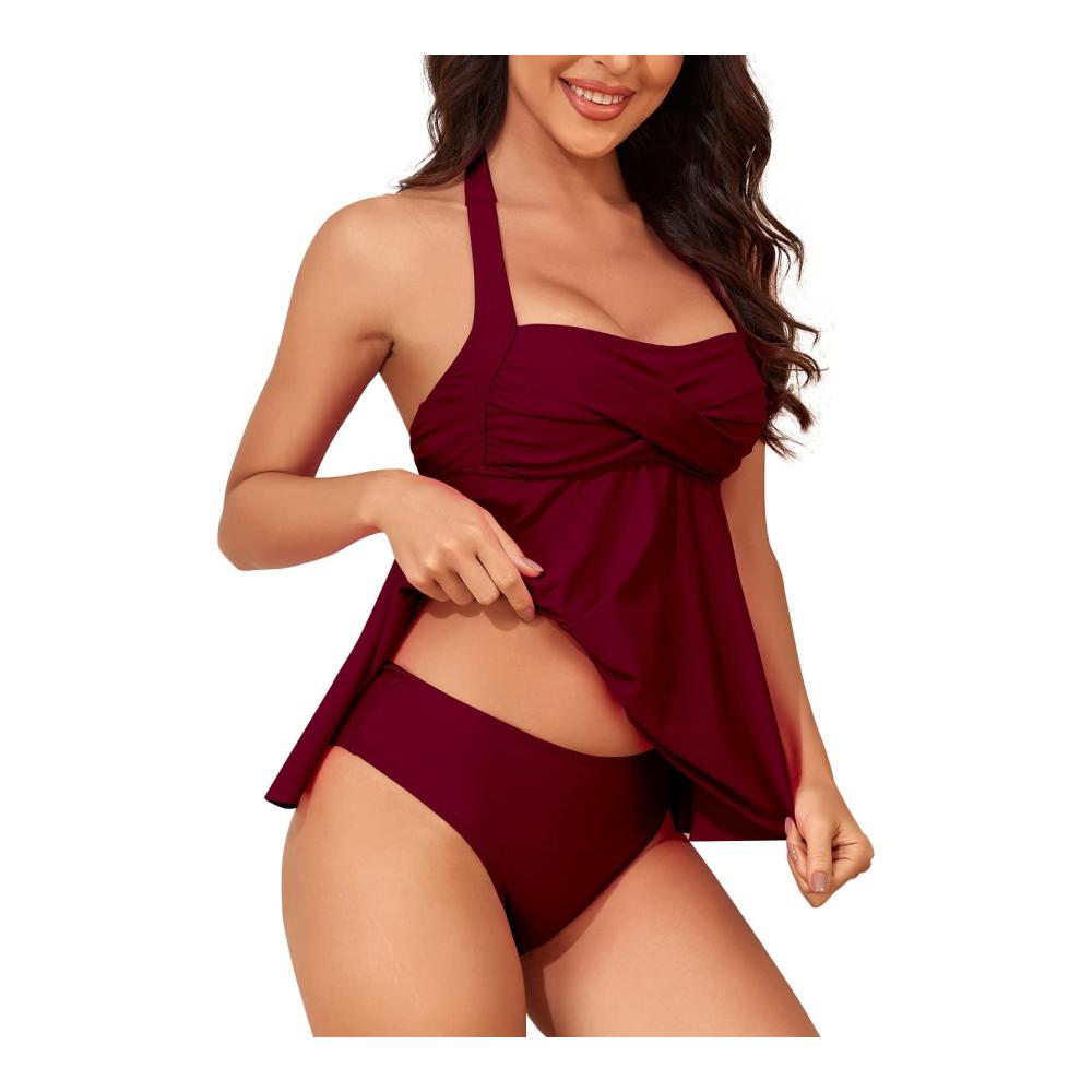 Bauchweg Tankini Set Sexy Push-up Bikini für Damen - Zweiteiliger Strand Schwimmanzug mit Neckholder
