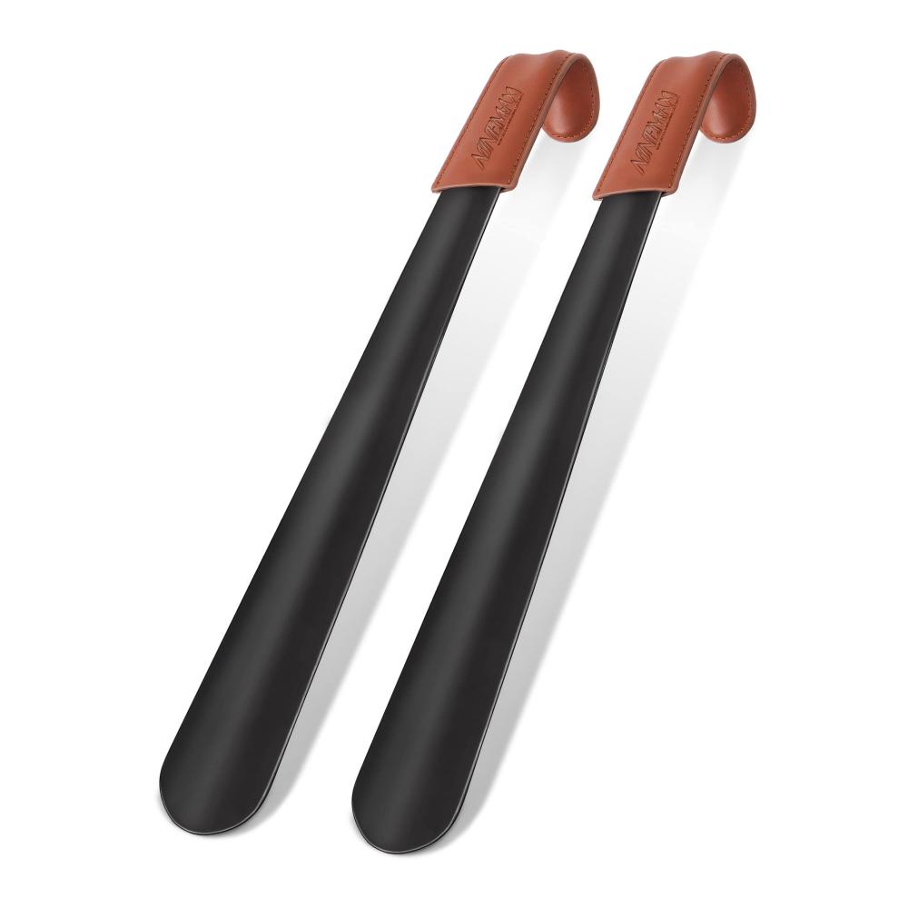 Langmetall-Schuhlöffel 42cm 2er-Pack - Langer Schuhanzieher mit Ledergriff Stabiler Schwarz Schuhlöffel für einfaches Anziehen