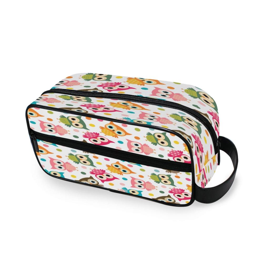 Bunte Eulen Kulturtasche für Damen und Herren - Praktischer Kulturbeutel mit Punkten ideal als Kosmetiktasche Make-up-Tasche Handtasche oder Organizer mit Reißverschluss. Tragbare Waschtasche für Mädchen und Tiervogel-Liebhaber – Perfektes Rasierset und Organizer fürs Badezimmer