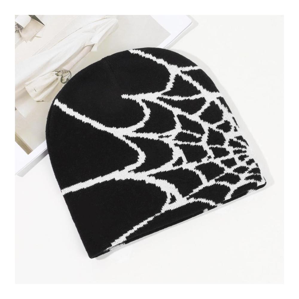 Gestrickte Y2K Gothic Spider Mütze – Unisex Winter Slouchy Beanie mit Warmfutter