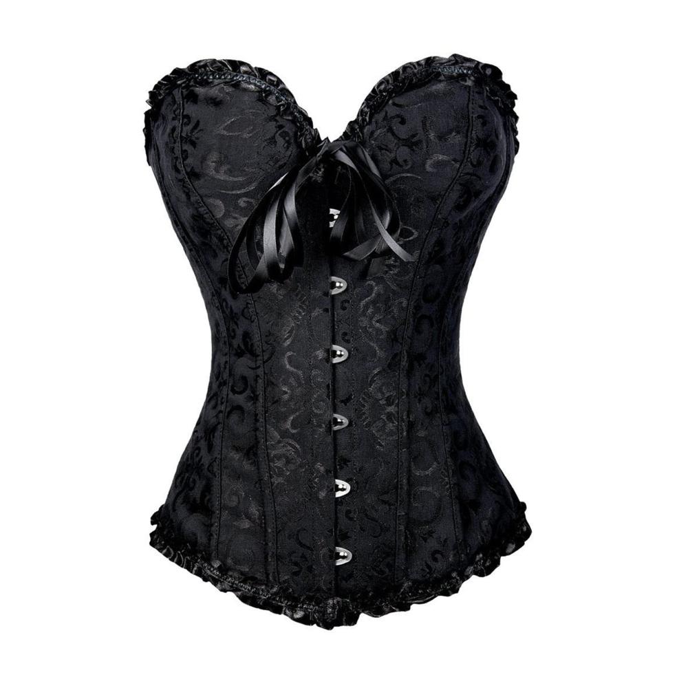 Vintage Gothic Lace Up Korsett Damen - Sexy Slim Satin Overbust ohne Knochen Bustier Feder Klassisches Blumenoberteil Spitzenmieder - HN13YJ1125