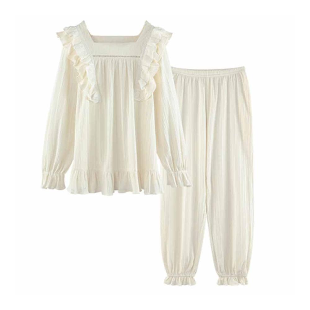 Baumwollpyjama Damen Langarm Nachthemd für Frühling & Herbst Bequemer Home-Service-Anzug für Sommer (A XX