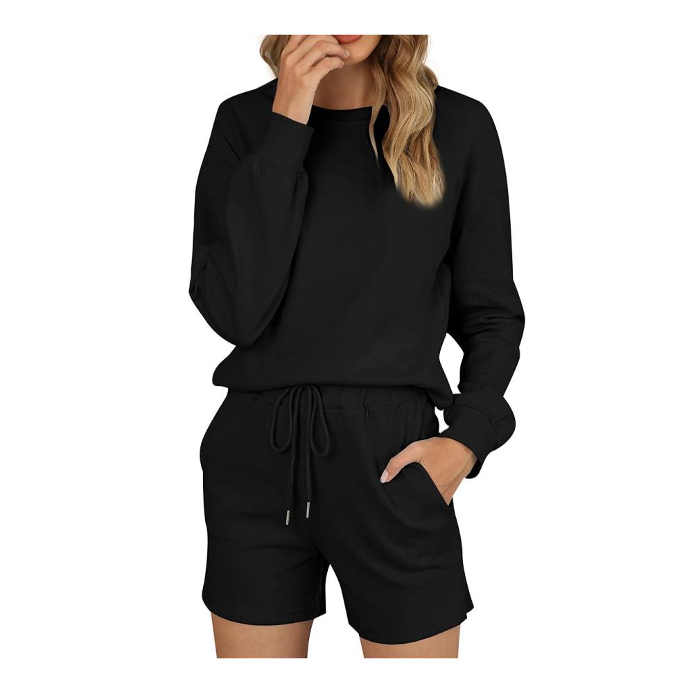Damen Schlafanzug Set Bequemer Baumwoll-Pyjama mit Loungewear Shorts Langarm Nachtwäsche Schlafanzug mit Taschen - Zweiteiliges Pure Comfort Set