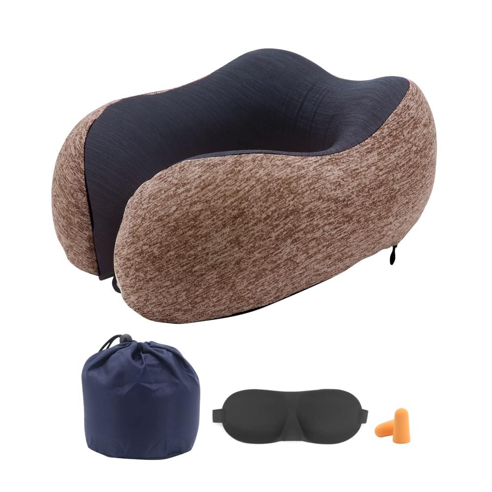 Braunes Memory Foam Reisekissen mit Aufbewahrung Augenmaske & Ohrstöpseln - Ideales Nackenkissen für Flugzeug Bus Bahn & Camping