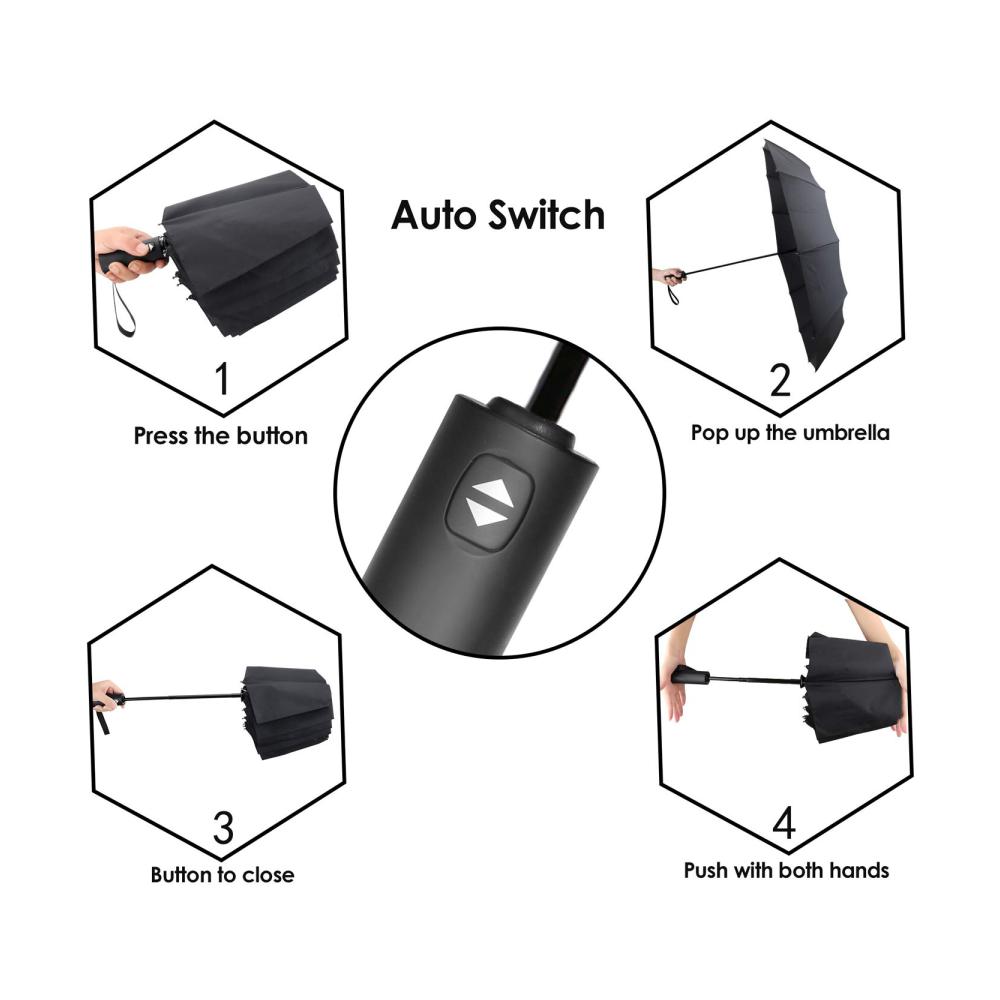 JIGUOOR Taschenschirm Schwarz – Winddichter Reise-Regenschirm mit 12 Ribs Automatikfunktion Kompakt und Groß Inklusive Ledertasche