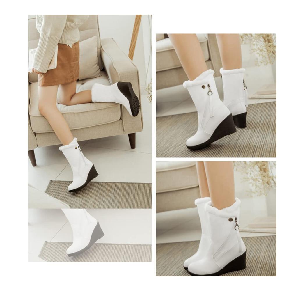 Damen Keilstiefel Wasserdichte Halbhohe Stiefelette mit Runder Zehe Slip-On Design Pelzbesatz Winterfutter - Ideale Damen Winterstiefel für Schnee und Kälte