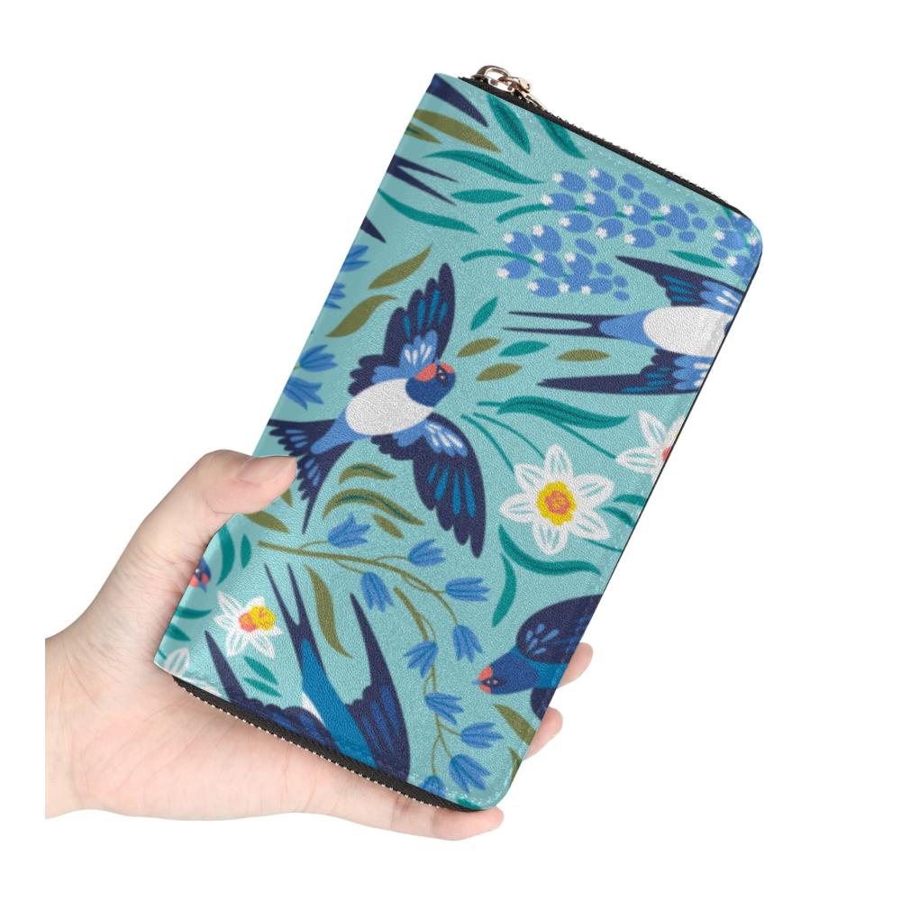 Damen Geldbörse mit Vogel- und Blumenmuster Leder Clutch für Frauen - Große Kreditkartenbörse Münzgeldbörse Kartenetui mit Reißverschluss und Telefonfach - Farbig bedruckt schmale Gold-Multi Geldbörse