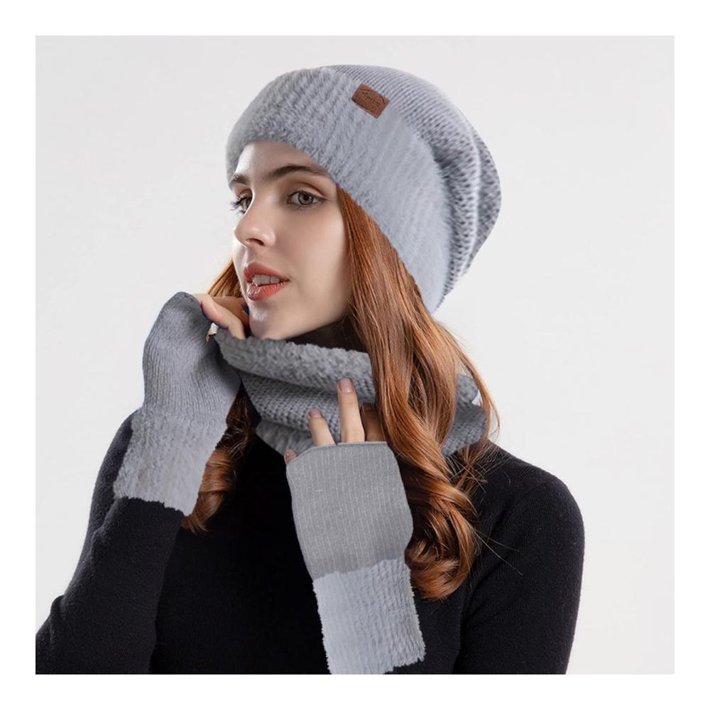 Winterliches Dreiteiliges Set Mütze Schal & Handschuhe aus warmer Wolle für Damen und Herren – Stilvolle Strickmütze mit Schirm für den Schnee-Look