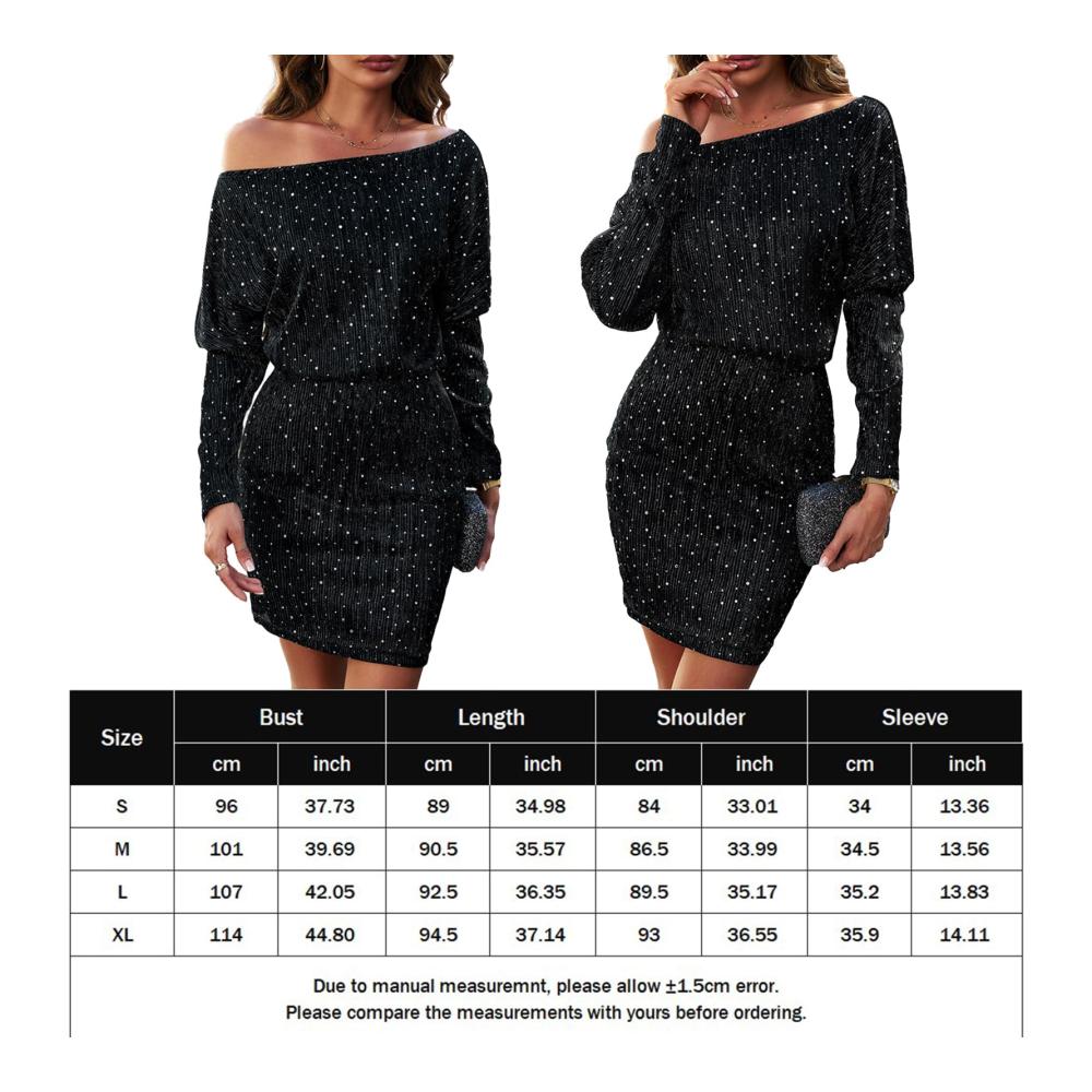 Party Glitzer Kleid Damen - Elegantes Langarm Bodycon Paillettenkleid mit Schulterfrei-Design - Enges Minikleid für Damen - Vintage Cocktailkleid für festliche Anlässe